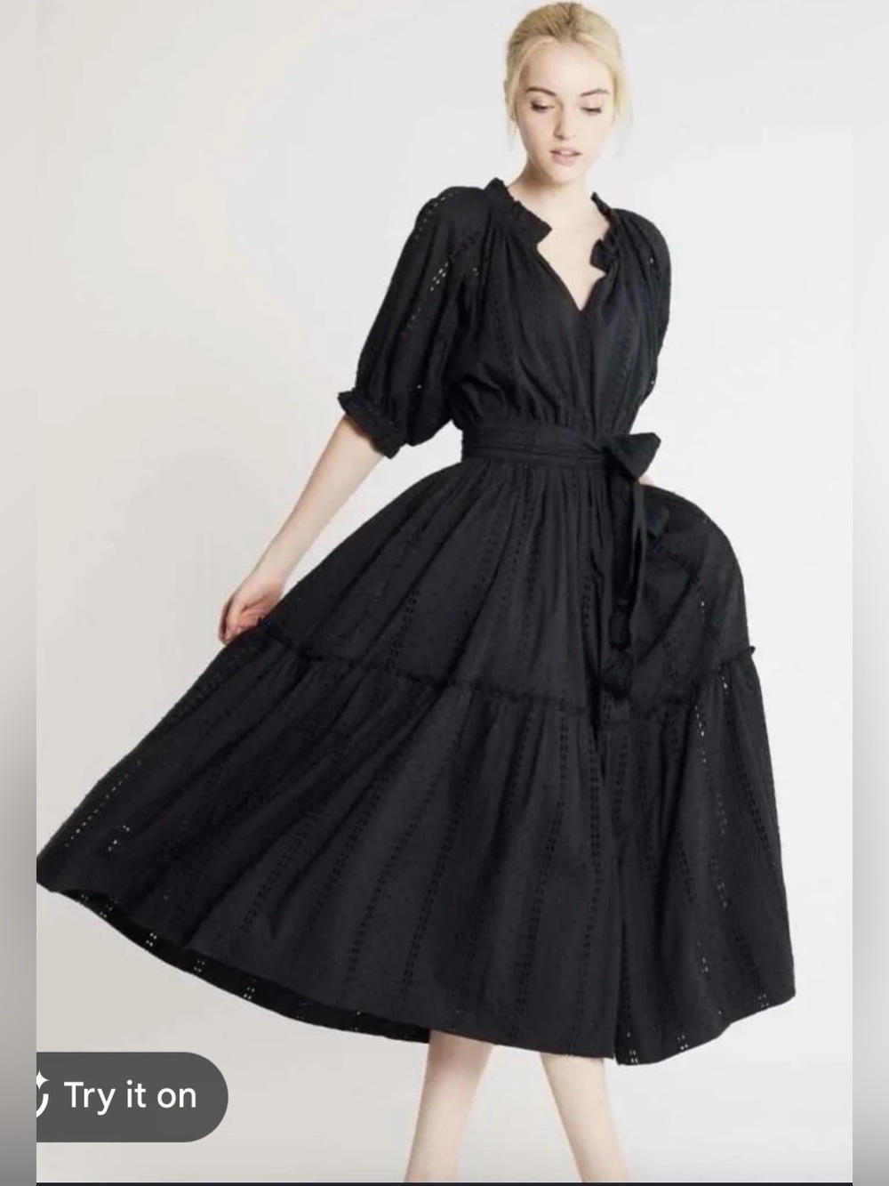 🖤 Mille Black Eyelet Cotton Tiered Midi Dress - Medium 🖤